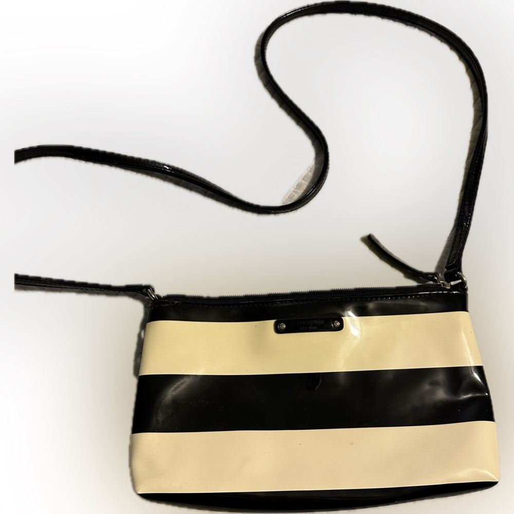 Kate Spade Black and White Patent Striped Crossbody Bag